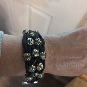 Black Leather and Silver Beaded Bracelet